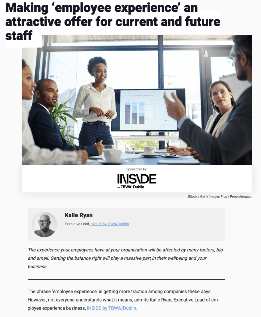 Screenshot of the Employee Experience article from the Irish Independent. Stock image of an office. Kalle Ryan author bio.