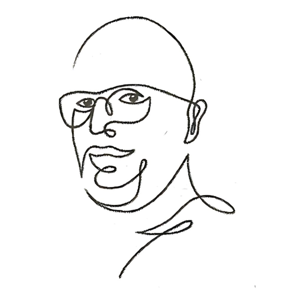 Line drawing illustration. A portrait of Kalle Ryan as seen in the bestselling book "What's Next Is Now" by Dr. Frederik G. Pferdt. Artist is Francesco Ciccolella