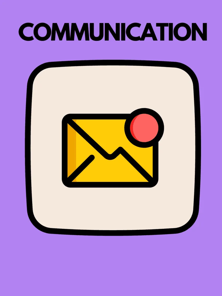 Vetical image 9x16. Indigo background. Text: Communication. Digital graphic of an envelope with a red dot to signify digital communication (such as email)