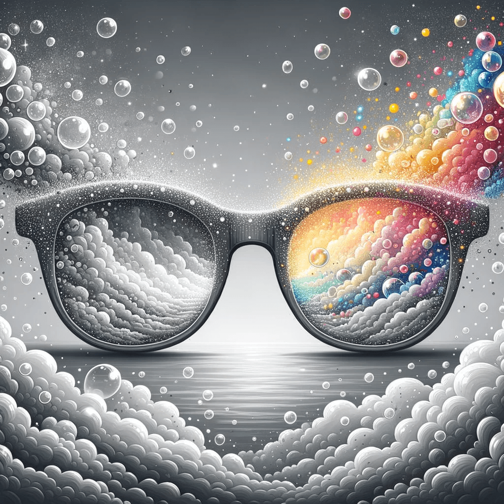 AI generated image of a pair of glasses sitting in a cloud of grey bubbles. A rainbow of bubbles is drifting out of the right lens of the glasses