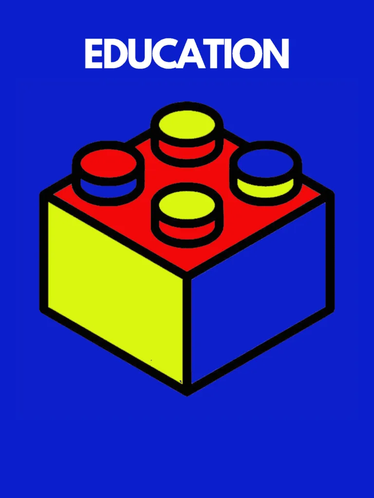 Vetical image 9x16. Blue background. Text: Education. Graphic of a blue/red yellow Lego brick to signify hands-on workshops (such as Lego Serious Play)