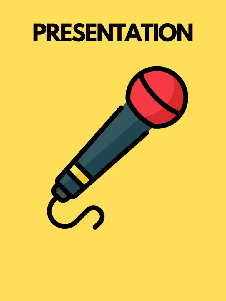 Vetical image 9x16. Yello background. Text: Presentation. Graphic of a black mic with a red windsleeve to signify onstage communication and speaking (such as being an MC)