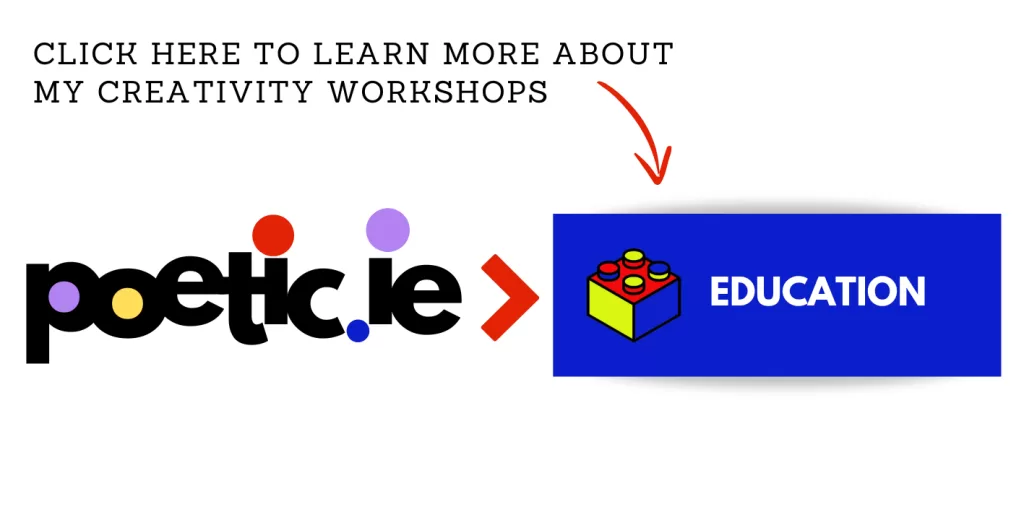 Text: Click here to learn more about my creativity workshops. Poetic logo and a blue rectangle depicting the Education sction of my website