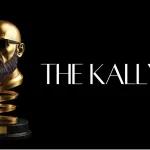 Golden award statuette of a bald male head with a rainbow coloured beard. Text says The Kallys 2024