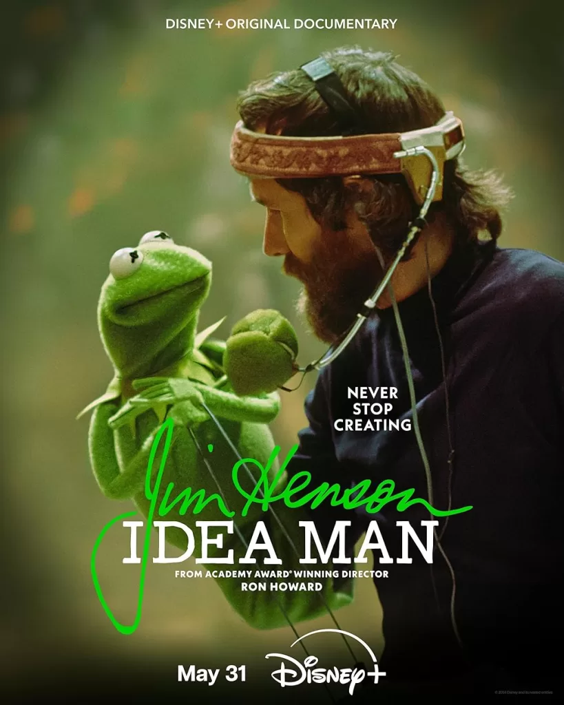 Poster for documentary film entitled "Jim Henson: Ideas Man". Depicted is Jim Henson with a bandana, and everyone's favourite Muppet, Kermit The Frog