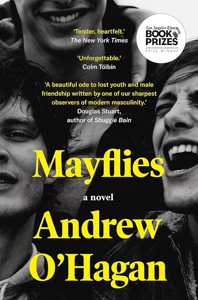 Book cover for Mayflies by Andrew O'Hagan. Yellow text with title and author. B&W photo of two twentysomethings in high spirits