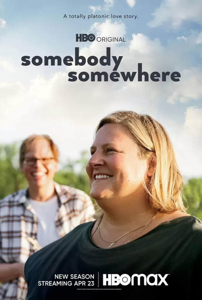 Poster for HBO show "Somebody Somewhere". Bridget Everett, creator and actress is smiling in foreground.
