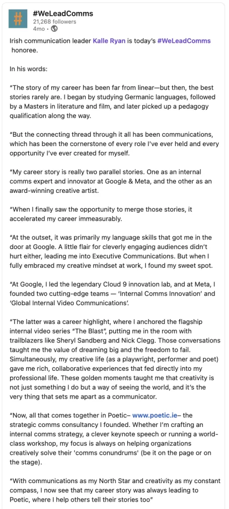 Screengrab of #WeLeadComms post on Linked In honoring Kalle Ryan