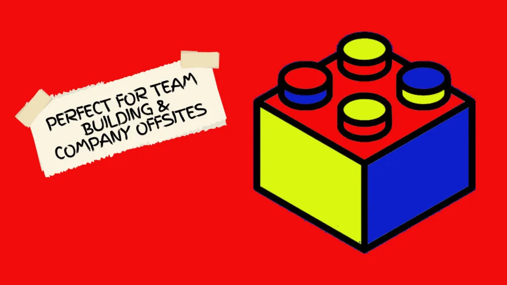 Red rectangular box. Image of blue/red/yellow Lego brick. Image of a note taped on top 2 corners with the text: Perfect for team building and company offsites. This refers to the Lego Serious Play training.