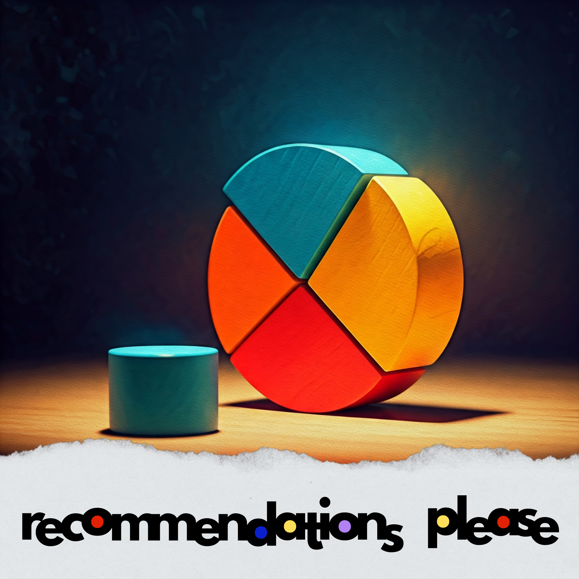 Image of a pie chart made from colourful wooden blocks. Superimposed text (in poetic font and brand colours) that says : recommendations please. Seeking recommendations for AI tools for data visualisation