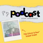 Yellow card. Text: Podcast Guest Appearance. Includes an image from the upcoming episode of 'the future is how" podcast (frederik g pferdt) where he is interviewing Kalle Ryan about creativity and storytelling Handwritten font says "the future is how" teaser trailer