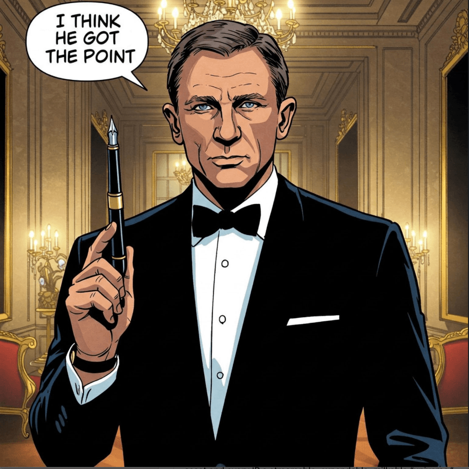 AI generated comic book illustration of Daniel Craig as James Bond, wearing his customary costume (a tuxedo). He is holding a pen. A speech bubble says "I think he got the point"