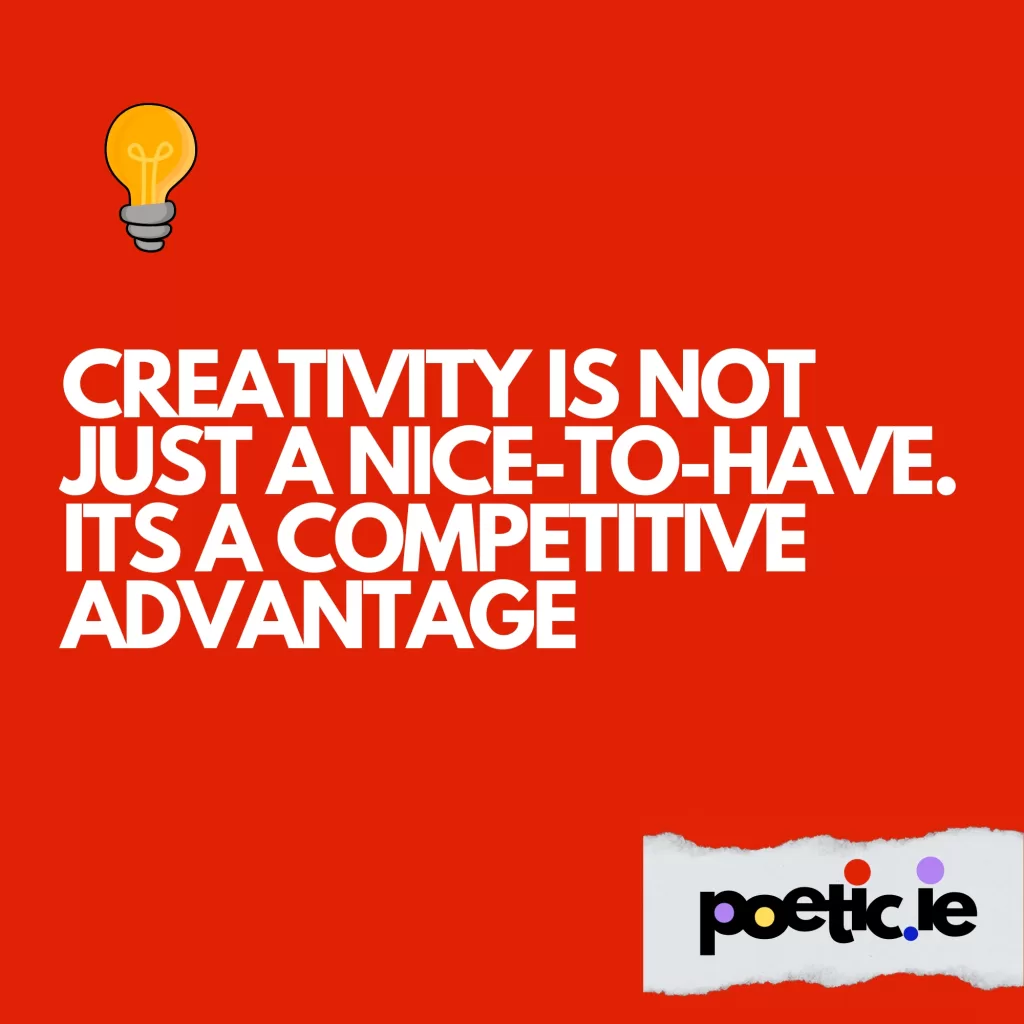 Red square. Yellow lightbulb illustration. Text: Creativity is not just a nice-to-have. It's a competitive advantage"