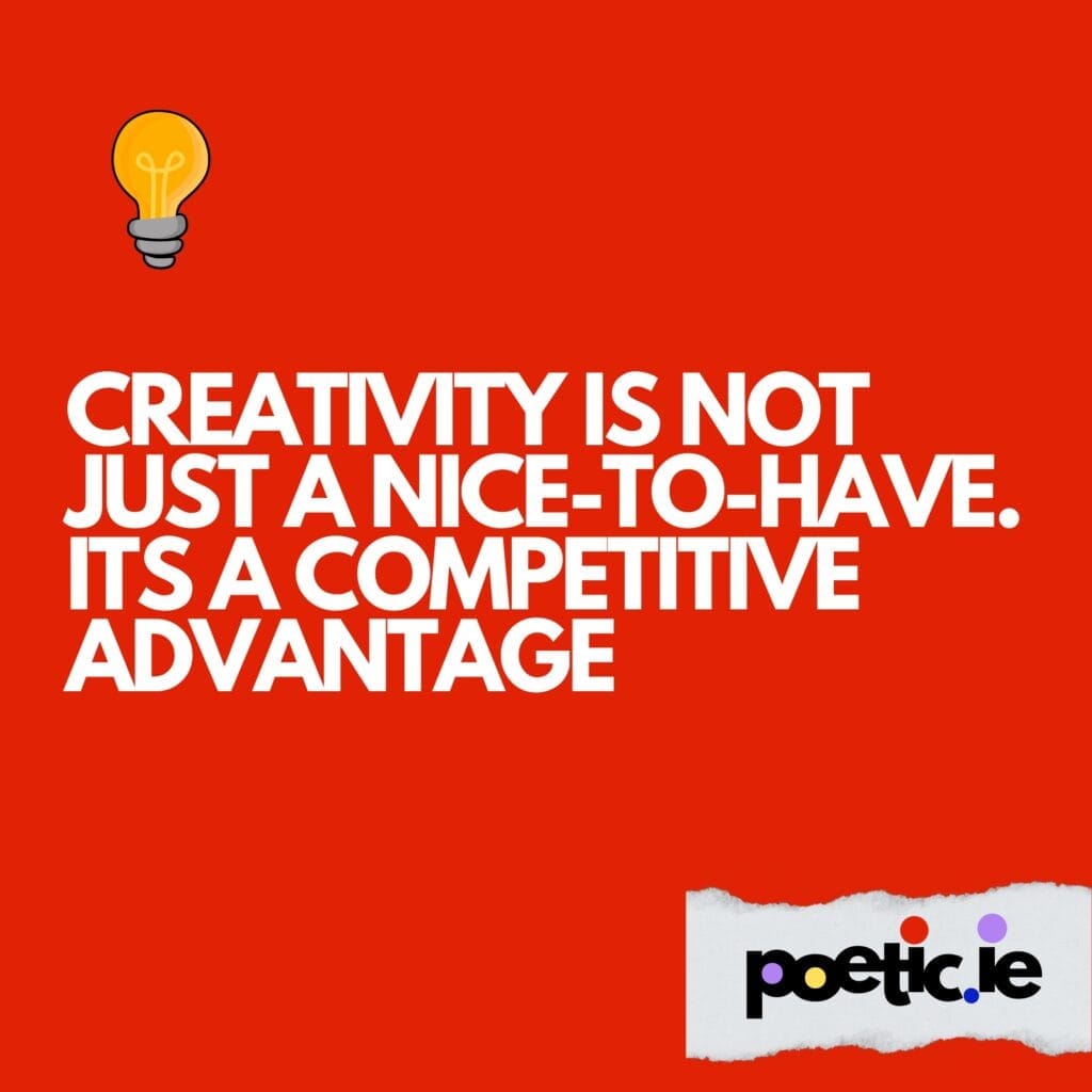 Red square. Yellow lightbulb illustration. Text: Creativity is not just a nice-to-have. It's a competitive advantage"