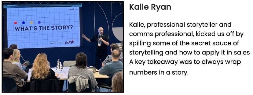 Image of Kalle Ryan delivering a storytelling keynote at LinkedIn EMEA HQ. Slide says "What's The Story?". Accompanying text from Sr Director Ronan Hayes complimenting the session: "Kalle, professional storyteller and comms professional, kicked us off by spilling some of the secret sauce of storytelling and how to apply it in sales. A key takeaway was to always wrap numbers in a story"