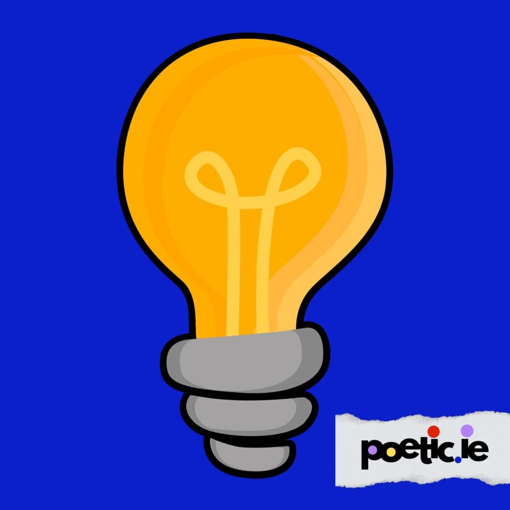 Blue background. Yellow graphic lightbulb. poetic.ie in brand font and colours. a little idea to improve the storytelling and consumption of the creative ideas