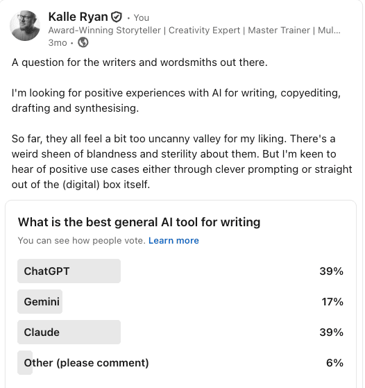LinkedIn survey: What is the best general AI tool for writing?