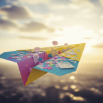 A colourful paper airplane covered in stickers and postits flying into a sunset